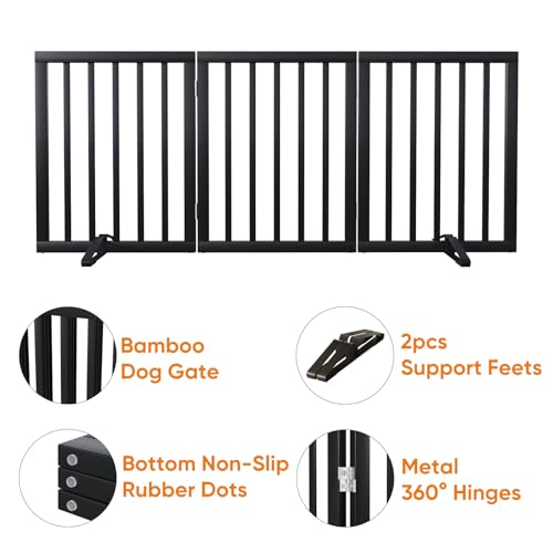 Black 18 55" Foldable Pet Gate for Stairs & Doorways (Bamboo Dog Gate Black / 3 Panel - 55 inches Wide)
