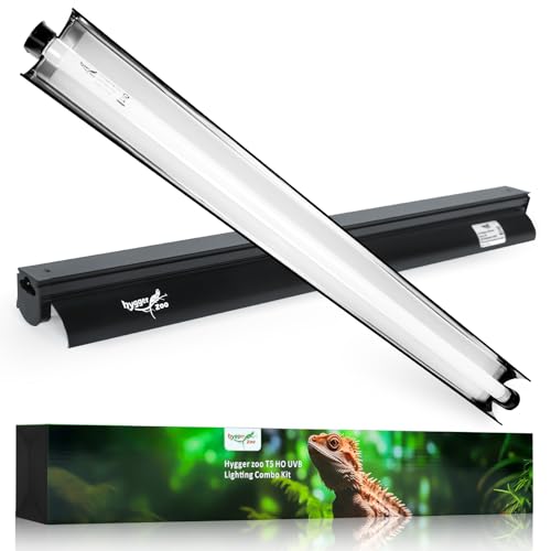 T5 Reptile Light Fixture Combo Kit 24W Light Fixture Reptile Terrarium Hood 10.0 UVB Light Bulb Fluorescent Tube Ideal for Tropical and Deserts Such as Bearded Dragon Lizards and Tortoises (24W-Black / 24W 22.4IN Black)