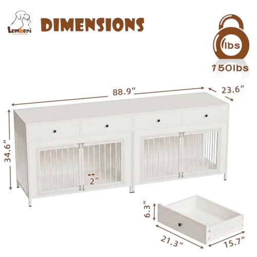 44 Inch Large Dog Crate Furniture with Storage Drawers (New White / 89"L x 23.6"W x 34.5"H)