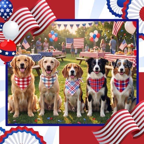 50 Pcs Veterans Day Dog Bandanas Bulk (Red White Blue Plaid / 25.6 x 17.7 x 17.7")