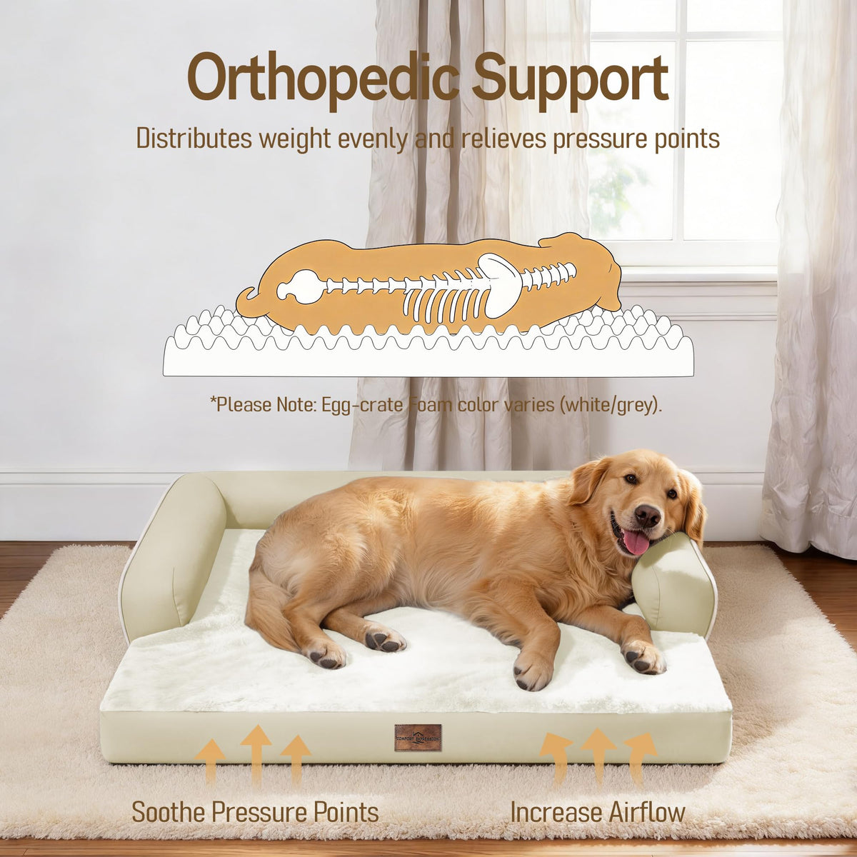 Waterproof XXL Dog Bed with Bolster for Extra Large Dogs (Beige / 45"L x 35"W x 8"Th)
