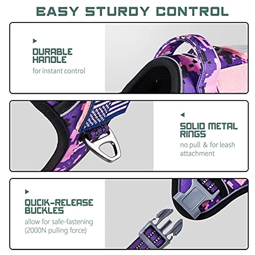 Tactical Dog Harness for Large Dogs No Pull (Purple Camo / L(Neck:19-25", Chest:21-35"))