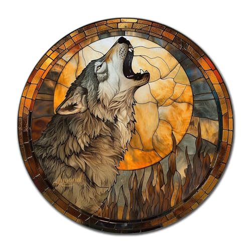 Metal Sign Tin Sign Circular Stained Glass Gray Wolf Bar Signs for Home Bar for Bar 8×8 Inches (8×8 Inches / Gray Wolf-1)