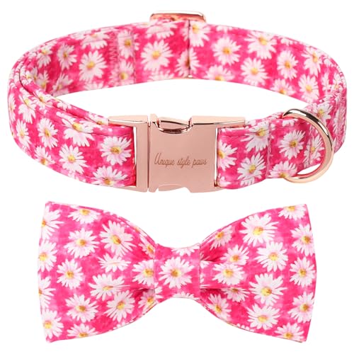 Cartoon Dog Collar with Bow Spring Summer Collar with Flower Rose Daisy for Small Medium Large Boys Girls Dogs (X-Large / Rose daisy bow)