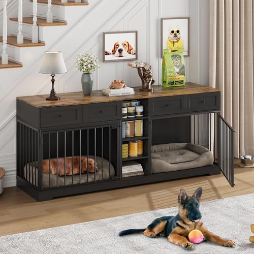 82" Double Dog Crate Furniture with Drawers and Shelves (Black / 81.9"L x 23.6"W x 33.5"H)