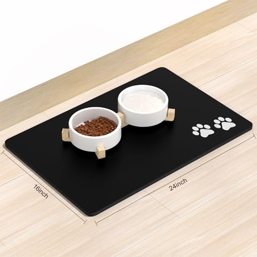 Dog Food Mat 16" x 24" Footprint Absorbent Dog Cat Bowl Mat for Food and Water (A-Black Footprint / 16"L x 24"W)