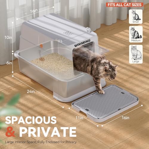Enclosed Stainless Steel Cat Litter Box with Odor Control (Light Grey)