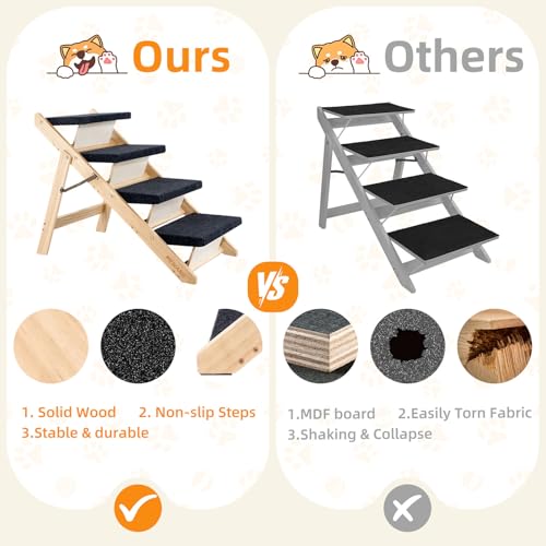 Wood Pet Stairs (4 Steps – For Standard & High Beds (23–31 in) / 31.5" L x 17.2" W x 25.0" H)