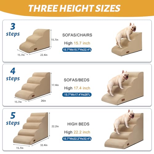 Dog Stairs for Small Dogs and Cats (Khaki / Standard 3-Step 15.7"H)