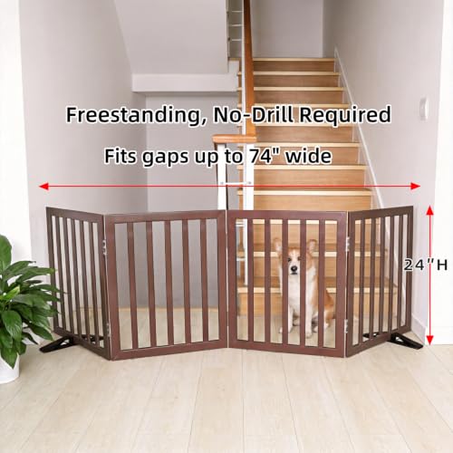 Freestanding Indoor Dog Gate for House Foldable Wood Puppy Gate for Doorways Pet Gate for Stairs Extra Wide Pet Fence (Brown / 【4 Panels】80''w x 24''h)