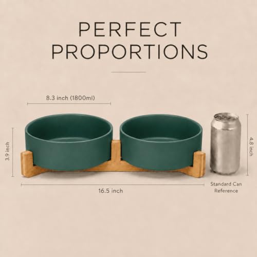 Ceramic Dog and Cat Bowl Set with Wooden Stand (7.6 cups / Green × 2)