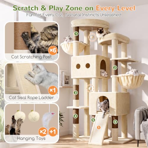Sturdy Cat Tower for Indoor Cats 20lbs (Beige / 76 inch)
