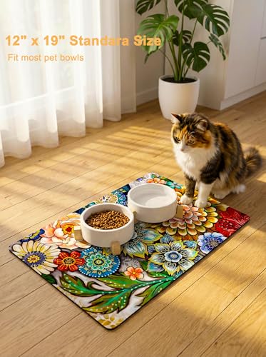 Dog Food Mat 12" x 19" Flower Absorbent Dog Cat Bowl Mat for Food and Water (Colorful Mandala / 12"L x 19"W)