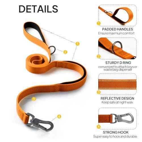 5FT 1IN Heavy Duty Dog Leash for Large Dogs with 2 Padded Handles (Orange / 1 in x 5 ft)
