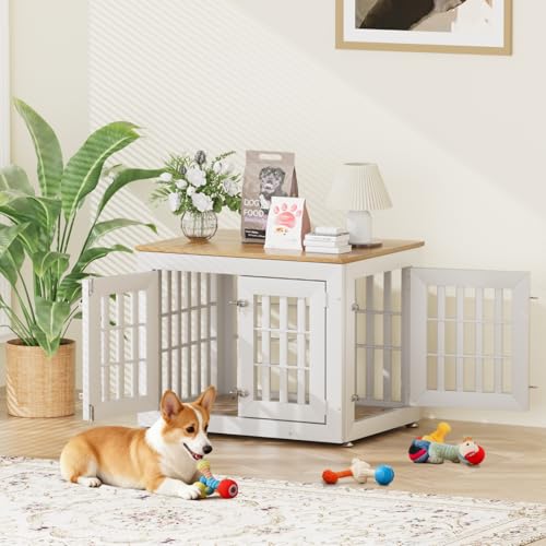 32" Heavy Duty Dog Crate Furniture for Small (32.7"L x 24.4"W x 25.8"H / White+Wood)