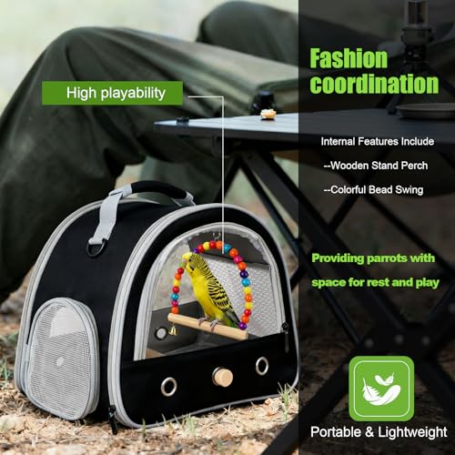 Portable Parrot Travel Cage Carrier with Small Swing Toy&Cage Colorful Toys Set Small Bird Parakeet Bag with Standing Perch Bird Carry Transport Bag (Black / 12.0"L x 7.0"W x 12.0"H)