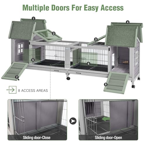 Wooden Rabbit Hutch with Wheels (Grey / 22.8"L x 80.1"W x 28.6"H)