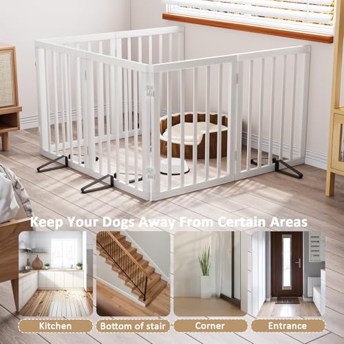 Wooden Dog Gate Freestanding Foldable 6 Panel Pet Gates Extra Wide Dog Gates for Indoor Doorways Stairs 24in Height Support Feet Included (Bamboo Dog Gate White / 6 Panel - 110 inches Wide)