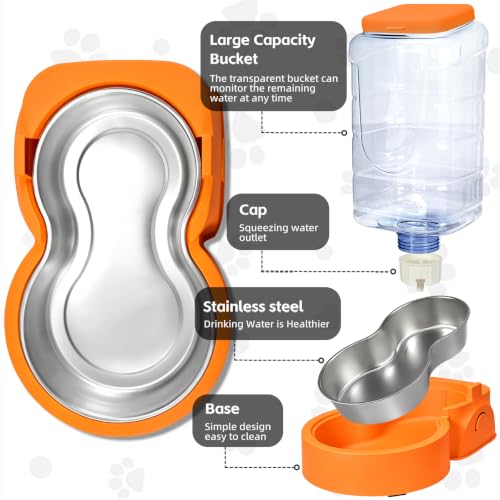 Portable Automatic Cat Feeder and Water Dispenser with Stainless Steel Bowl Dog Gravity Food Feeder and Waterer for Small Medium Pets Puppy Kitten 1 Gallon x 2 (Orange)