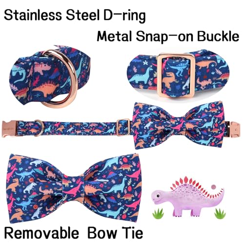 Cartoon Dog Collar with Bow Spring Summer Collar with Flower Dinosaur Park for Small Medium Large Boys Girls Dogs (S / Dinosaur Park bow)