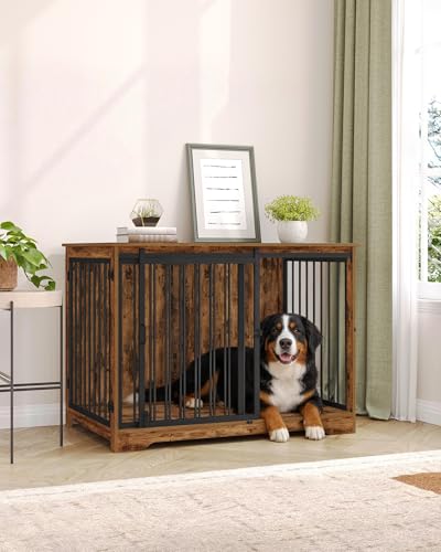 43.3" XL Dog Crate Furniture Indoor Dog Kennel with Barn Door (Rustic Brown / 43.3"L x 27.5"W x 31.8"H)