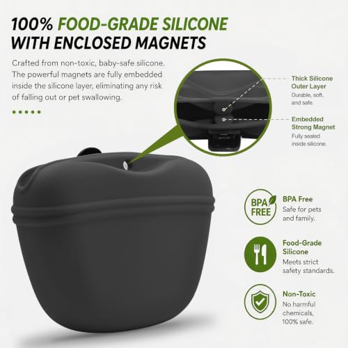 Silicone Dog Treat Pouch with Clicker Magnetic Closure Secure Clip (1 Pack / Dark grey)