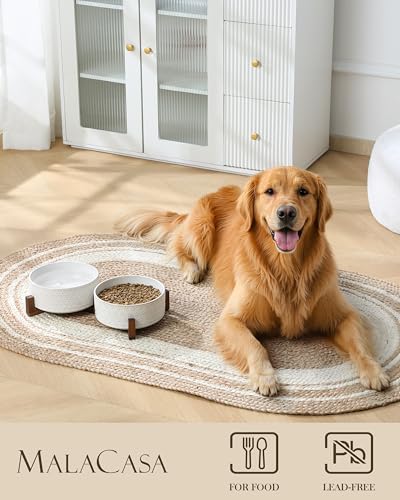 Dog Bowl Set Ceramic Bowls with Walnut Wood Stand (Five-leaf Grass+Honeycomb / 6 Cups)