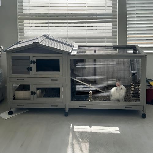 Rabbit Hutch Outdoor Rabbit Cage Indoor with Casters Bunny Cage Chikcen Coop for Small Animals with Pull
