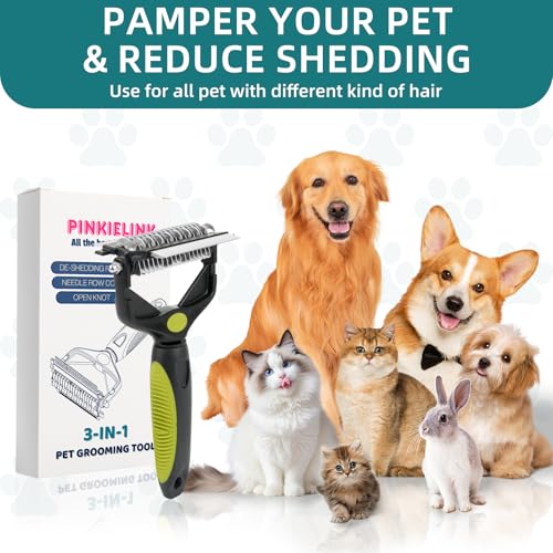 3-IN-1 Pet Grooming Tool - Undercoat Rake, Dematting Comb & Deshedding Brush for Cats, Dogs, Horses - Removes Mats, Tangles & Loose Fur, Reduces Shedding & Prevents Hair Mess (Green) (Green)