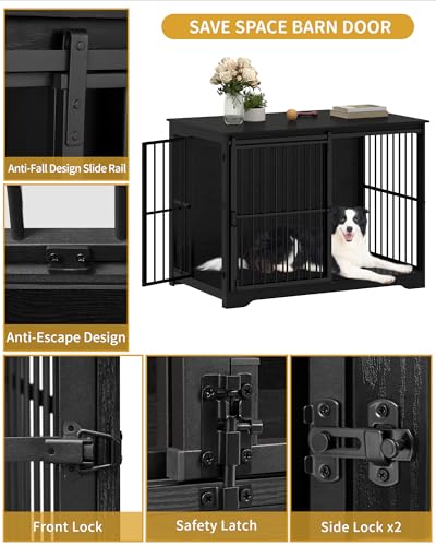 46.9" XXL Dog Crate Furniture Indoor Dog Kennel with Barn Door (46.9"L x 28.3"W x 34.6"H / Black)