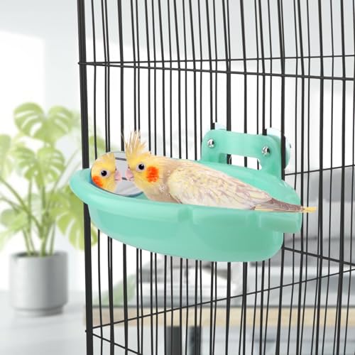Bird Bath with Mirror for Small Birds Budgie Parakeet Cage (Blue(A)+Green)