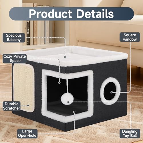 Cat House Bed for Indoor Cats with Fluffy Ball and Scratch Pad Black (Black / Large)