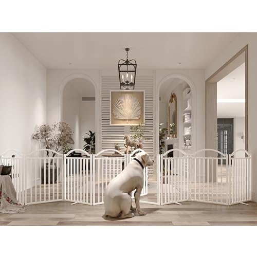Metal No Assembly Freestanding Dog Gate with Door Walk Through (White / 8 panels 196"W*32"H HFG)