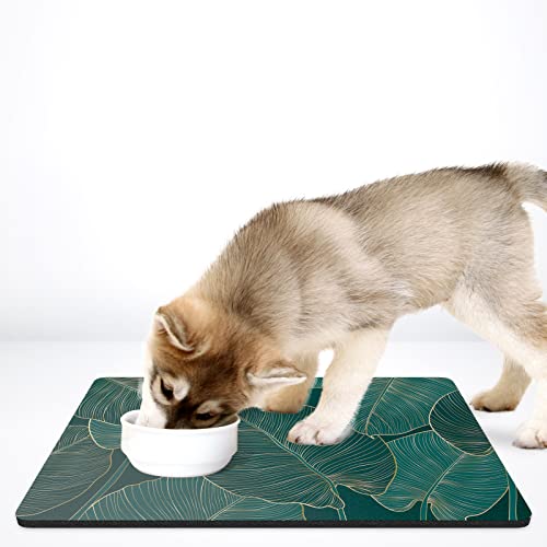 Dog Food Mat 16" x 24" Flower Absorbent Dog Cat Bowl Mat for Food and Water (Tropical Palm Leaves / 16"L x 24"W)