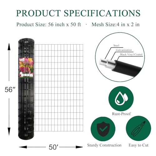 Black PVC Coated Welded Wire Fence 56" x 50' Roll (Black / 2''x4'' 14GA 56''x50')