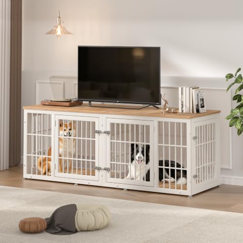 72" Heavy Duty Double Dog Crate Furniture for Large (White + Natural / 72.8"L x 25.6"W x 27.5"H)