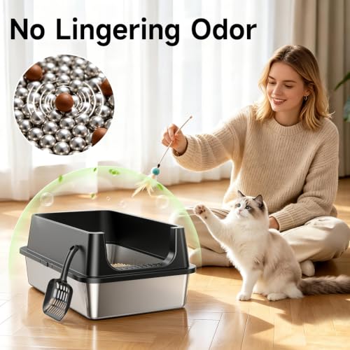 XL Open Top Stainless Steel Litter Box with High Sides (Black-1Pack)