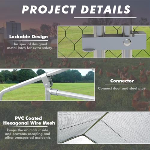 Metal Chicken Coop Spire Roof Walk in Chicken Run Pen for 6 Chickens (78.0"L x 118.1"W x 76.8"H)