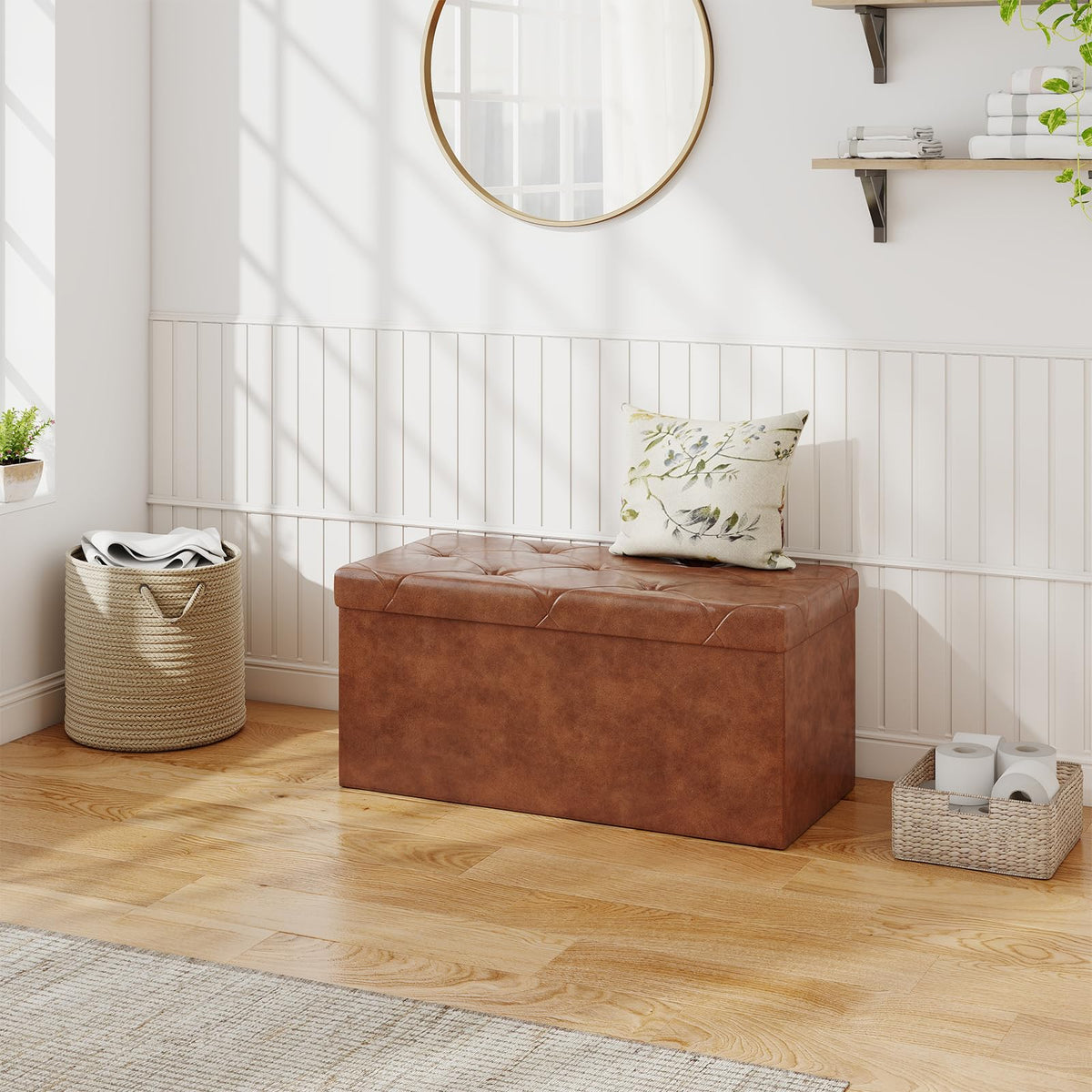 30 Inch Folding Storage Ottoman Bench (Brown / 15.2"D x 30"W x 15.2"H)