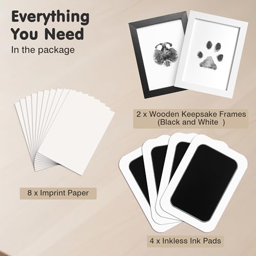 Inkless Paw Print Kit for Dogs (Black Pad,Black/White Wood Frame / 4-Pack,Large)