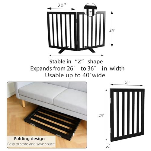 Freestanding Indoor Dog Gate for House Foldable Wood Puppy Gate for Doorways Pet Gate for Stairs Extra Wide Pet Fence (Black / 【2 Panels】40''w x 24''h)