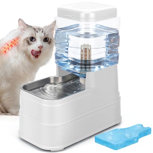 1.1 Gallon Pet Automatic Dog Water Dispenser Cat Gravity Waterer Feeder with Stainless Steel Bowl 8L Large Capacity Puppy Feeding Raised Bowls with Filter (White / 4L(1.1 Gallon))