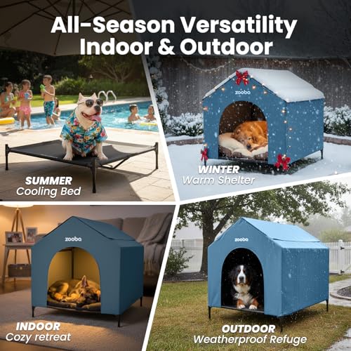 42" 2-in-1 Dog House for Medium Dogs, Elevted Dog House Outdoor/Indoor, Puppy Shelter Outside,Water Resistant 600D PVC and Durable 2x1 Textilene Raised Dog Bed(Blue) (X-Large: 42inch)
