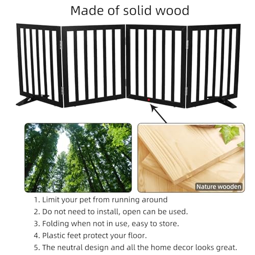 Freestanding Indoor Dog Gate for House Foldable Wood Puppy Gate for Doorways Pet Gate for Stairs Extra Wide Pet Fence (Black / 【4 Panels】80''w x 24''h)