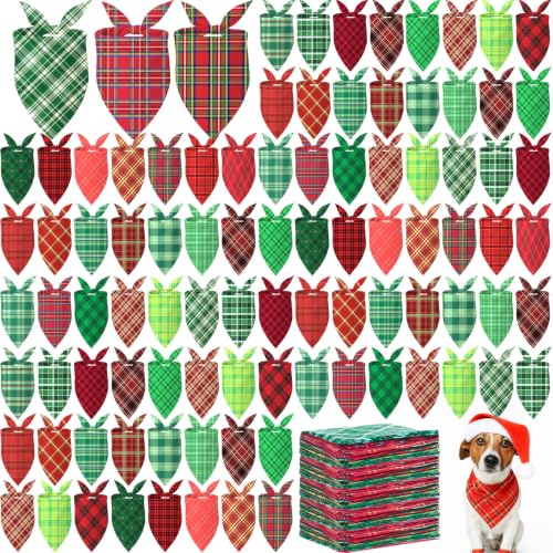 200 Pcs Christmas Plaid Dog Bandanas Bulk (Red, Green / Christmas Plaid)