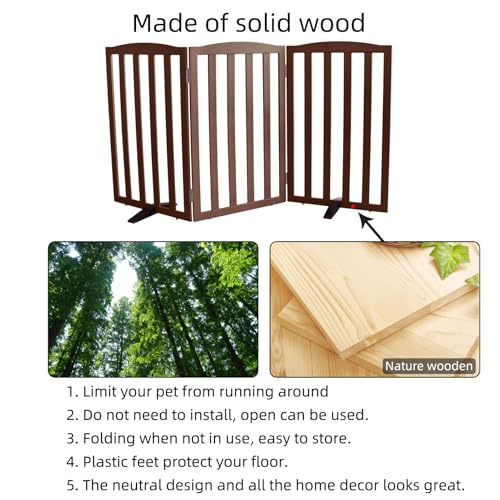 Foldable Freestanding Indoor Dog Gate for House Wood Long Pet Gates Dog Fence for Stairs Puppy Gates for Hallways (Brown / 【3 Panels】60''w X 32''h)