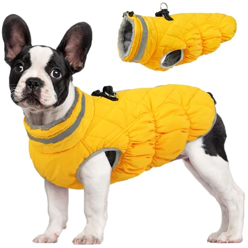 Dog Winter Coat Fleece Warm Small Dog Coat with Harness Built in (Yellow / XS(chest:14in))