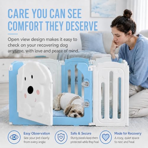 Puppy Play Pen for Indoors with Cute Dog Pattern Door (blue&white / 10 Fence Panels+1 Door)