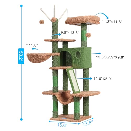 Cat Tree Tower with Padded Platform Bed (53 Inch / Cactus)