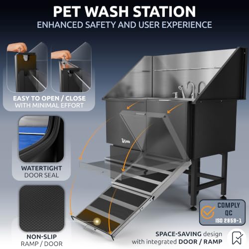 Professional Dog Washing Station 304 Stainless Steel Pet Wash Sink (Black, Right Ramp, 1 Drawer / 50 Inches)